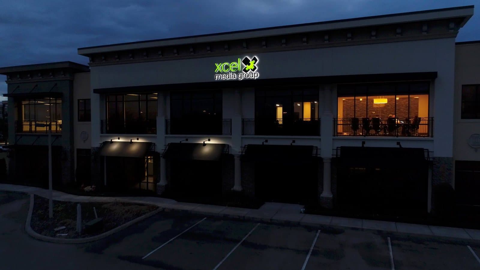 Xcel Media Group headquarters at dusk, Sanford, Florida