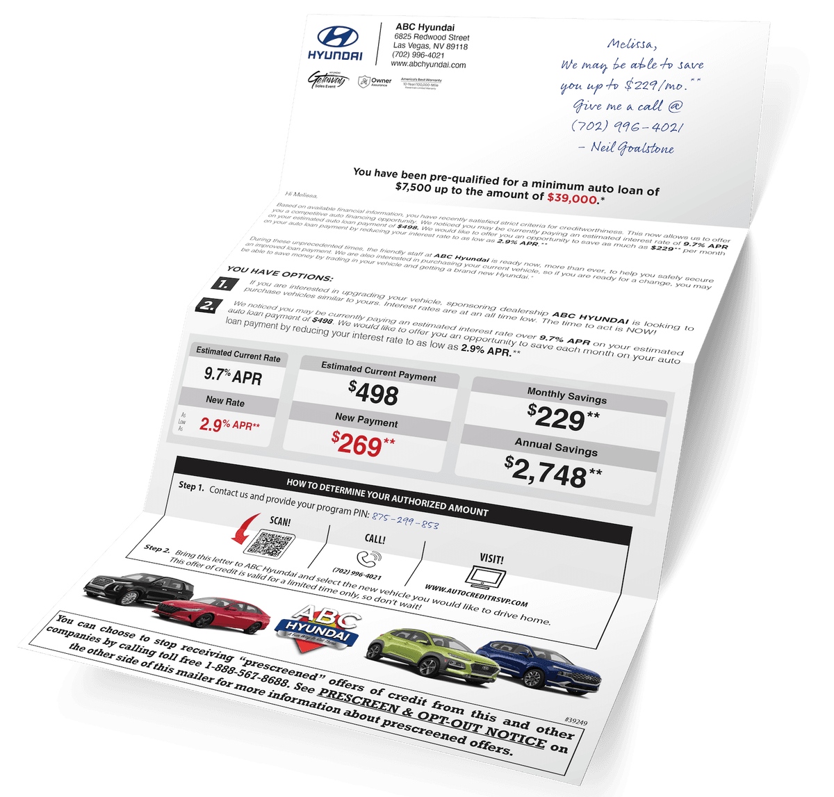 Pre-qualified auto-loan credit letter — a real Xcel mail piece